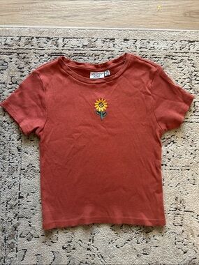 Mighty Fine Rust Ribbed Tee with Sunflower Motif